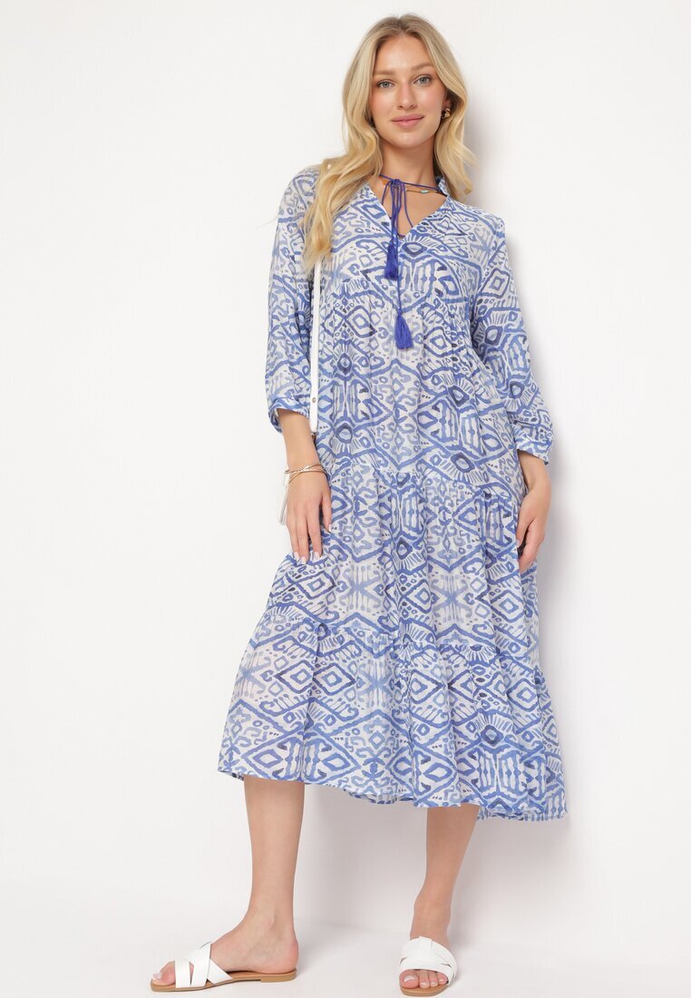 rosa Rochie Evazată Albastră în Stil Boho Legată la Decolteu cu Volănașe Dimasia
