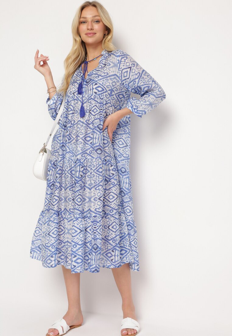 rosa Rochie Evazată Albastră în Stil Boho Legată la Decolteu cu Volănașe Dimasia