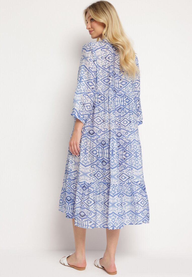 rosa Rochie Evazată Albastră în Stil Boho Legată la Decolteu cu Volănașe Dimasia