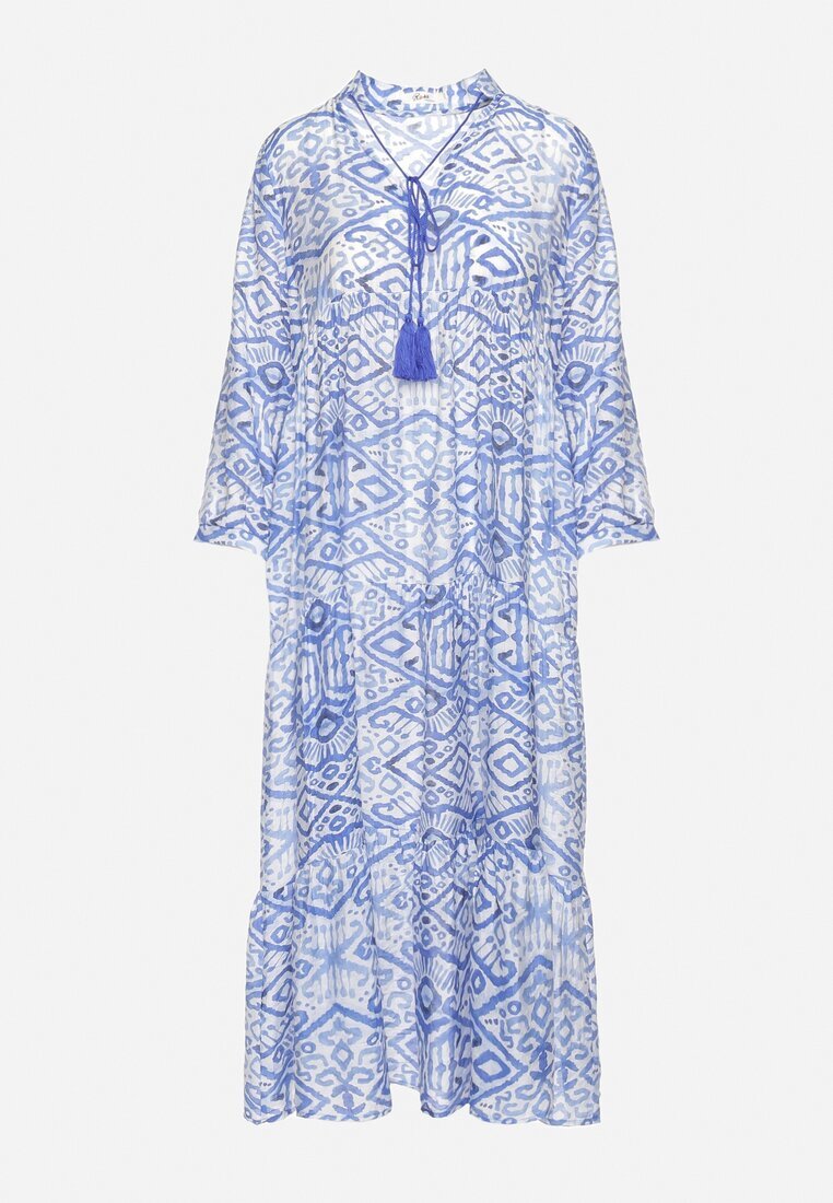 rosa Rochie Evazată Albastră în Stil Boho Legată la Decolteu cu Volănașe Dimasia