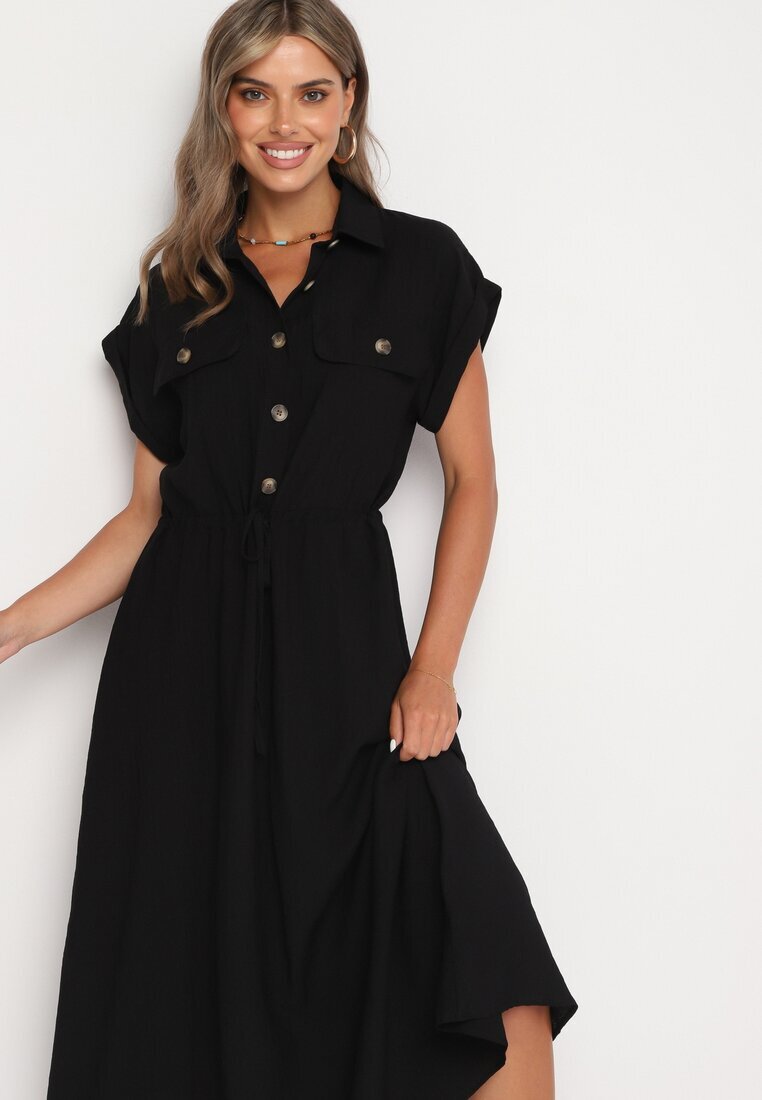 rosa Rochie Evazată Din viscoză Neagră Cu elastic în talie Ornată cu nasturi Lemvia