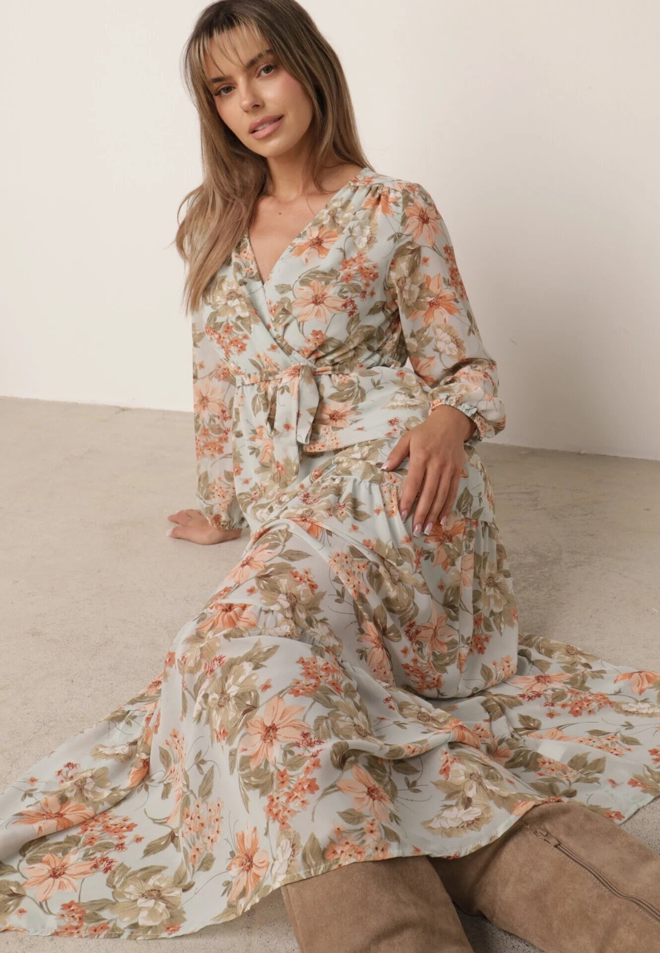 rosa Rochie Evazată Mentă cu flori Maxi cu elastic și legătură în talie Manirisa