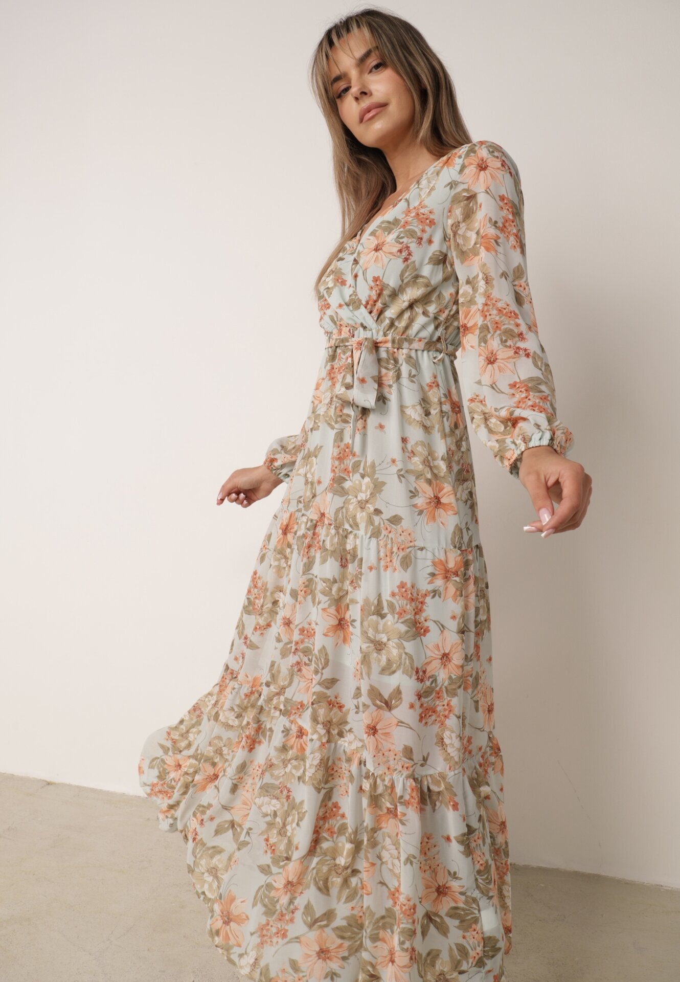 rosa Rochie Evazată Mentă cu flori Maxi cu elastic și legătură în talie Manirisa