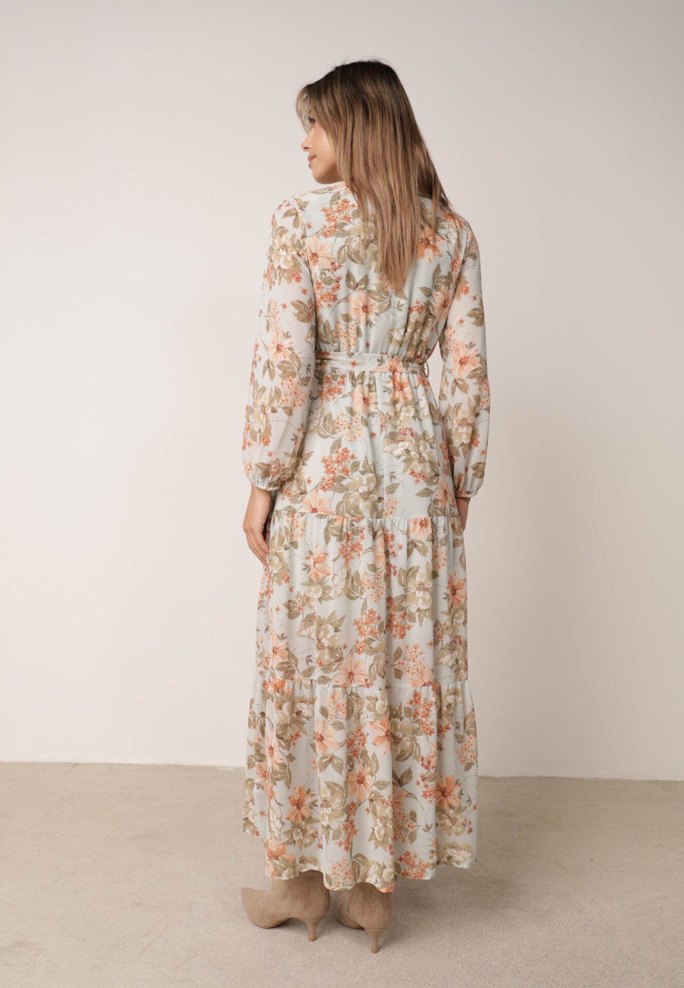 rosa Rochie Evazată Mentă cu flori Maxi cu elastic și legătură în talie Manirisa