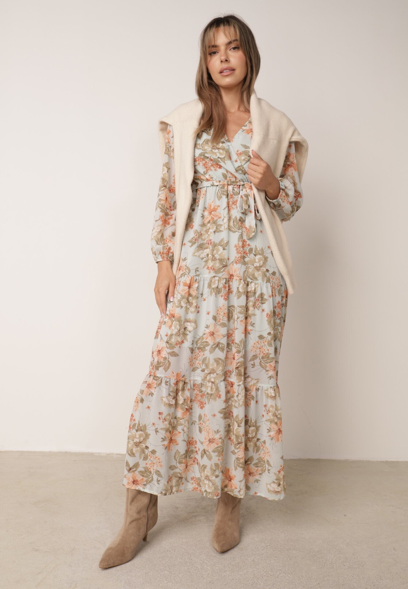 rosa Rochie Evazată Mentă cu flori Maxi cu elastic și legătură în talie Manirisa