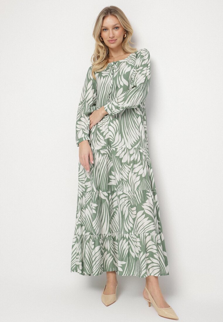 rosa Rochie Evazată Verde din Vâscoză Împodobită cu Model Abstract Ivelavia