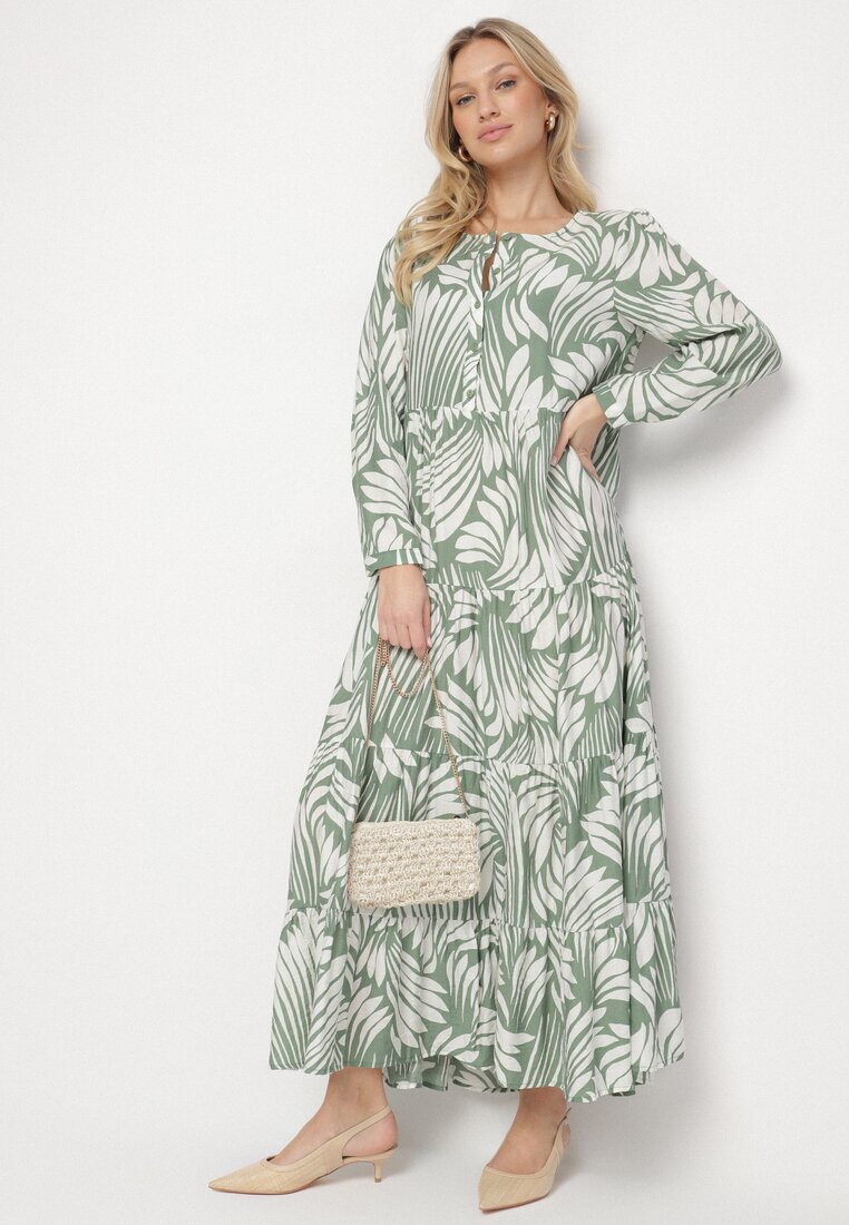 rosa Rochie Evazată Verde din Vâscoză Împodobită cu Model Abstract Ivelavia
