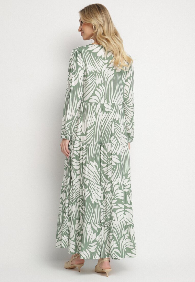rosa Rochie Evazată Verde din Vâscoză Împodobită cu Model Abstract Ivelavia