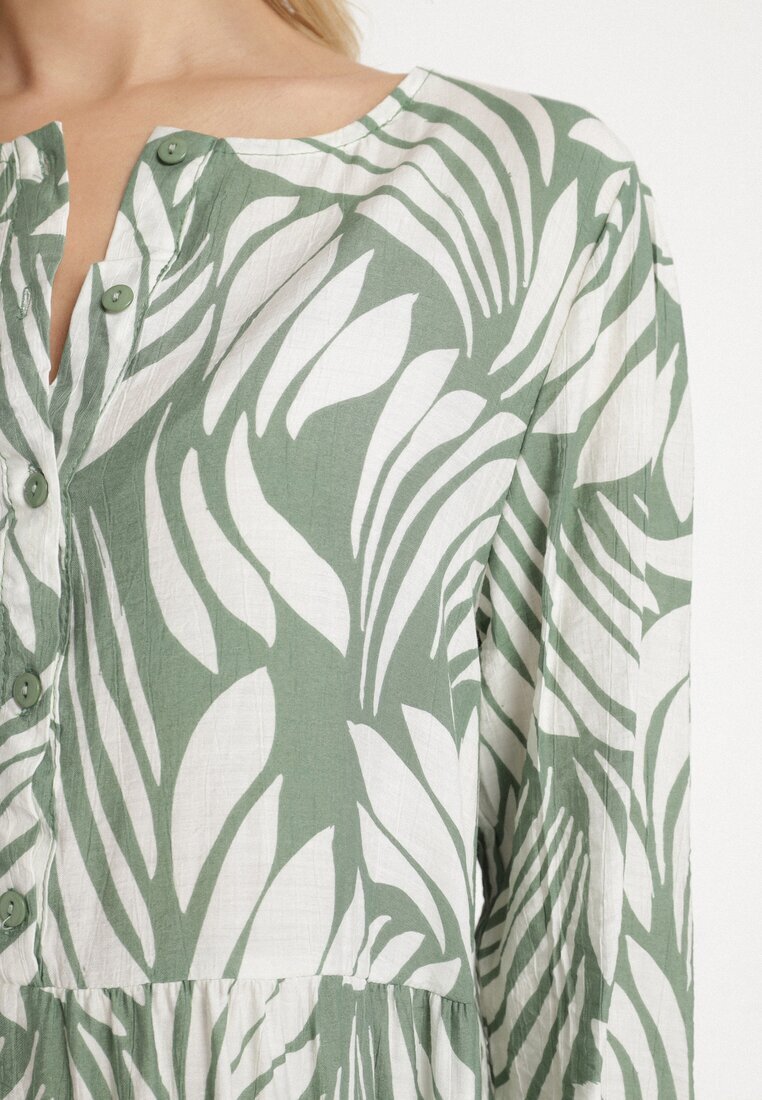 rosa Rochie Evazată Verde din Vâscoză Împodobită cu Model Abstract Ivelavia