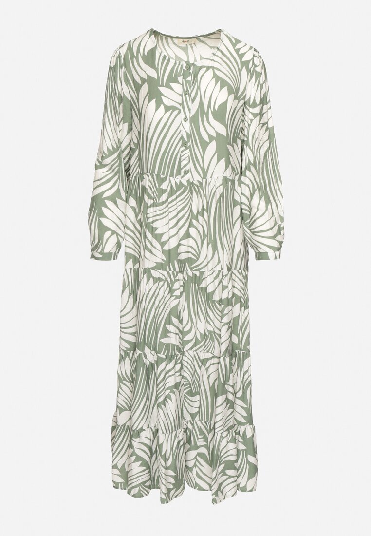 rosa Rochie Evazată Verde din Vâscoză Împodobită cu Model Abstract Ivelavia