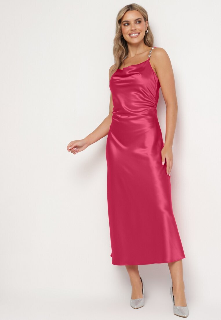 rosa Rochie Fucsia De cocktail din satin cu decolteu fluid și zirconii Lesalttia