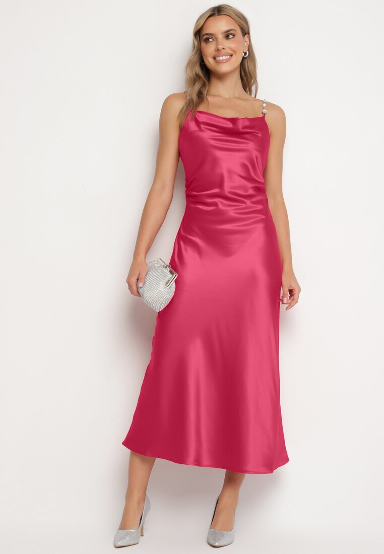 rosa Rochie Fucsia De cocktail din satin cu decolteu fluid și zirconii Lesalttia