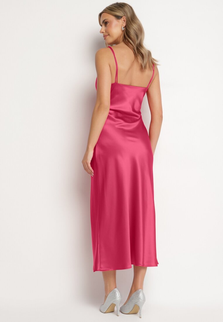 rosa Rochie Fucsia De cocktail din satin cu decolteu fluid și zirconii Lesalttia