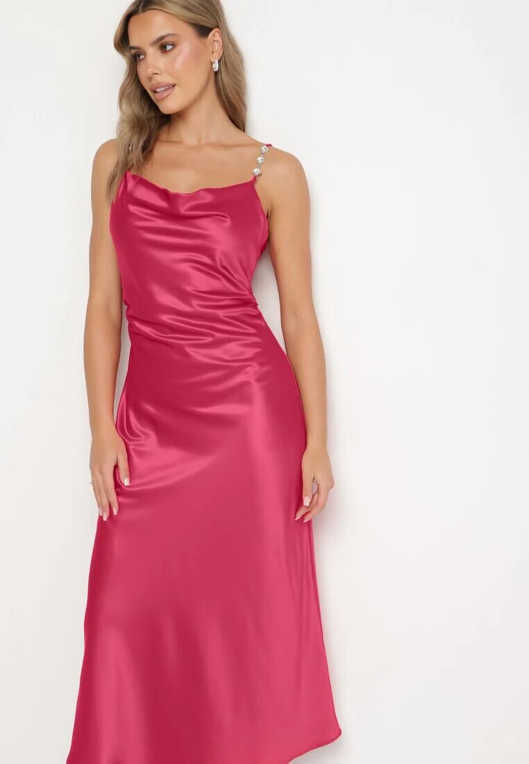 rosa Rochie Fucsia De cocktail din satin cu decolteu fluid și zirconii Lesalttia
