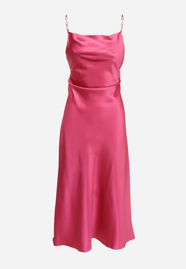 rosa Rochie Fucsia De cocktail din satin cu decolteu fluid și zirconii Lesalttia