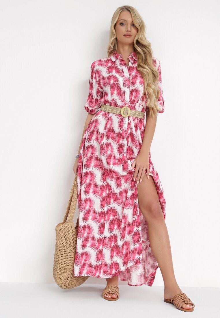 rosa Rochie Fucsia Evazată Maxi cu Centură Împletită și Buzunare Laterale Suttyn