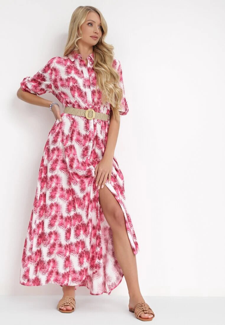 rosa Rochie Fucsia Evazată Maxi cu Centură Împletită și Buzunare Laterale Suttyn