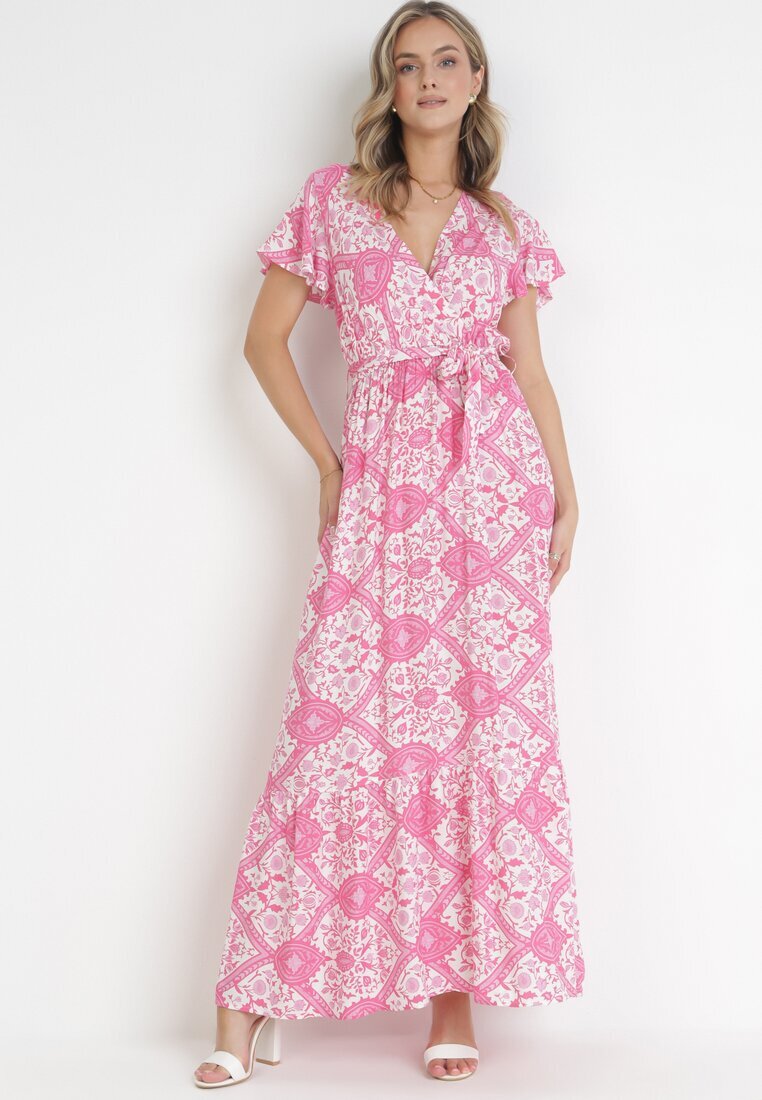 rosa Rochie Fucsia Evazată Maxi cu Centură Legată Aziza