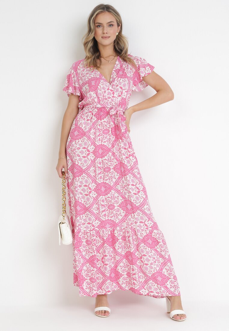 rosa Rochie Fucsia Evazată Maxi cu Centură Legată Aziza