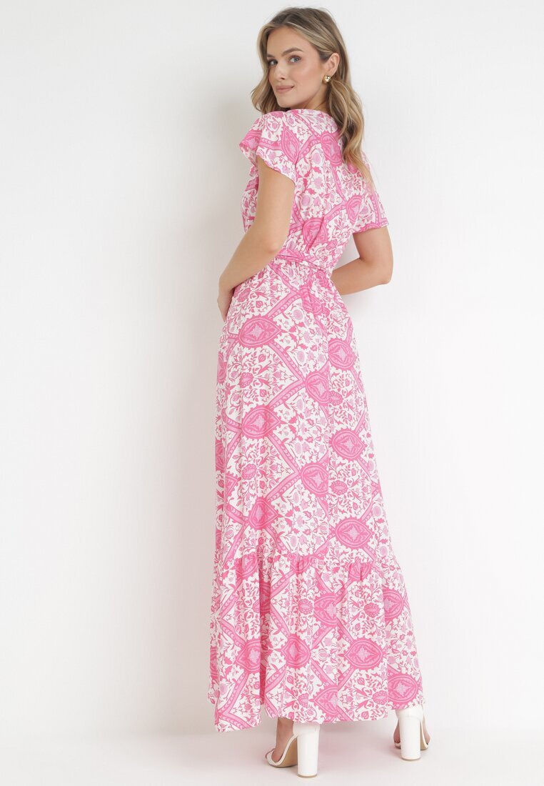 rosa Rochie Fucsia Evazată Maxi cu Centură Legată Aziza
