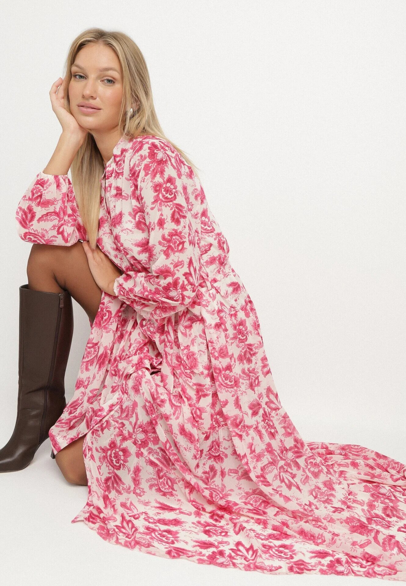 rosa Rochie Fucsia Maxi cu flori cu nasturi și curea din material Kinzey