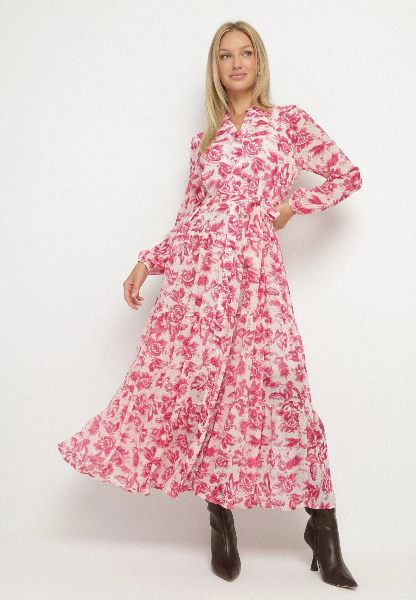 rosa Rochie Fucsia Maxi cu flori cu nasturi și curea din material Kinzey