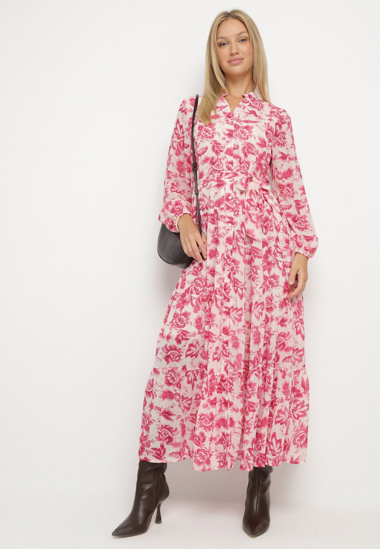 rosa Rochie Fucsia Maxi cu flori cu nasturi și curea din material Kinzey