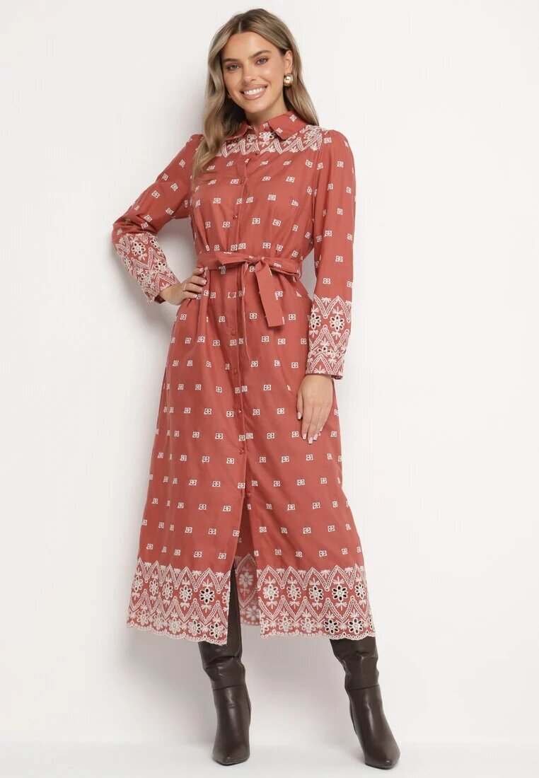 rosa Rochie maro deschis cu croială tip cămașă cu cordon legat decorată cu broderie Valentirae