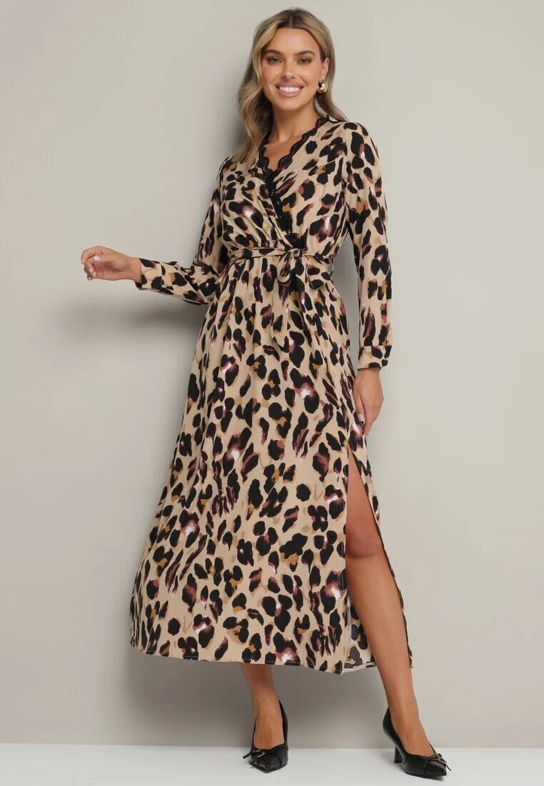 rosa Rochie Maro Petrecută Cloș cu Imprimeu leopard cu elastic în talie cu curea și dantelă Sialindra