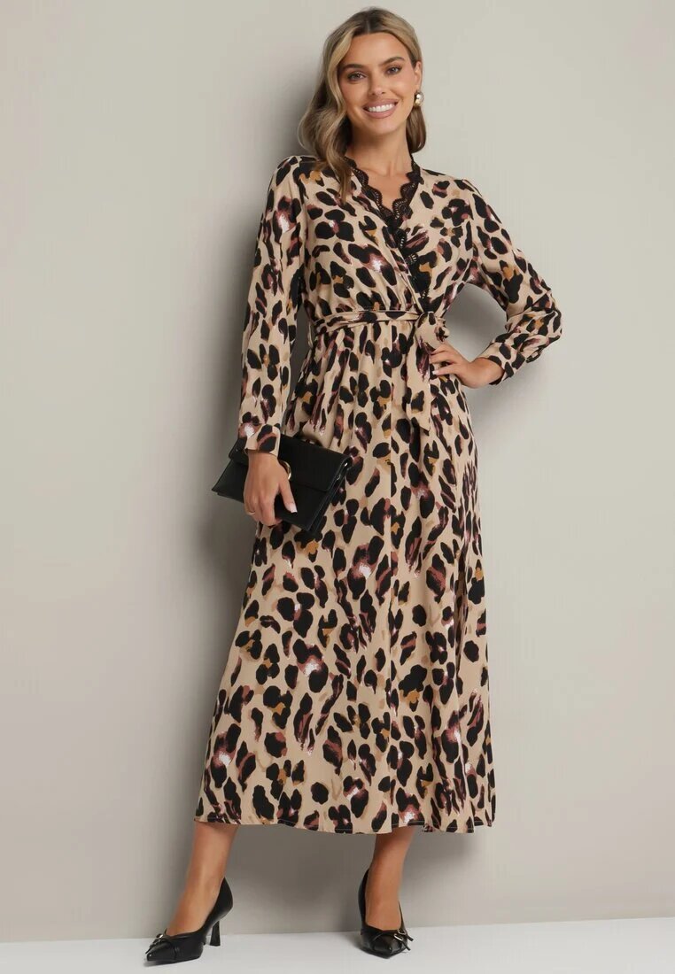 rosa Rochie Maro Petrecută Cloș cu Imprimeu leopard cu elastic în talie cu curea și dantelă Sialindra