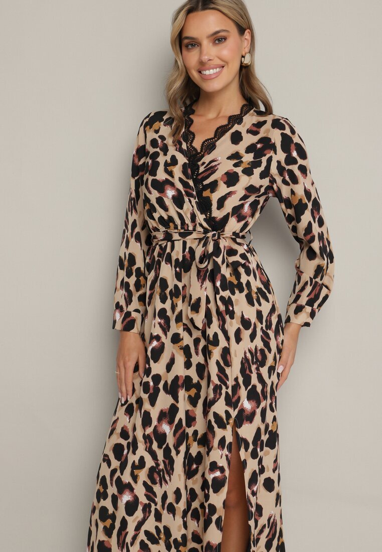 rosa Rochie Maro Petrecută Cloș cu Imprimeu leopard cu elastic în talie cu curea și dantelă Sialindra