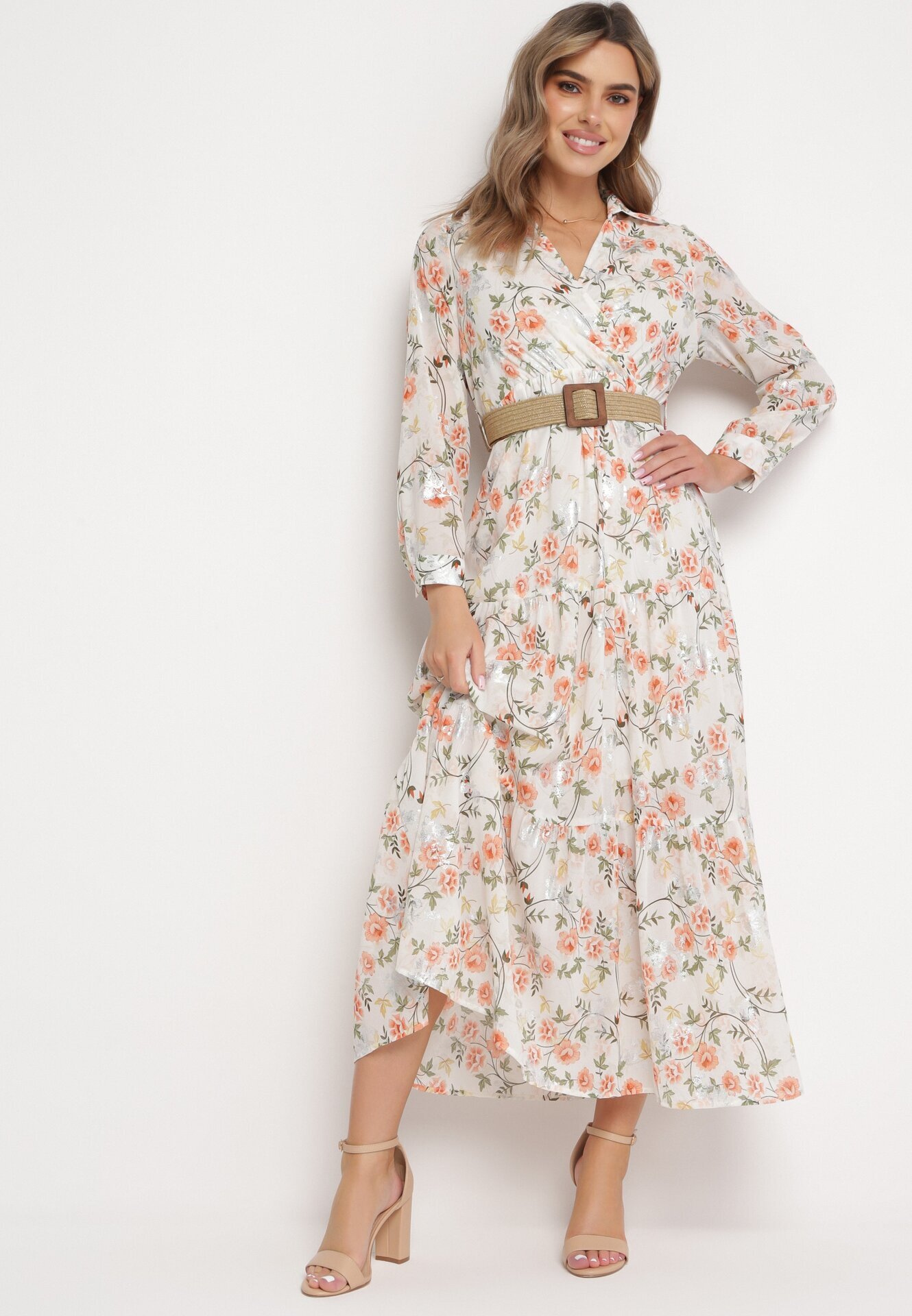 rosa Rochie Maxi Albă Cloș cu Guler și Curea Împletită Celline