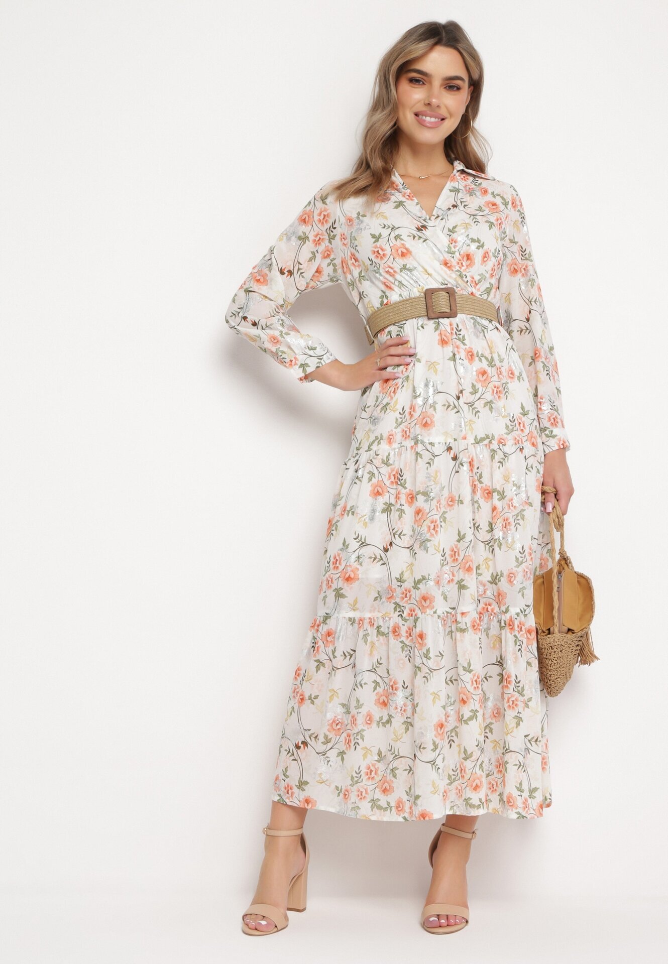 rosa Rochie Maxi Albă Cloș cu Guler și Curea Împletită Celline