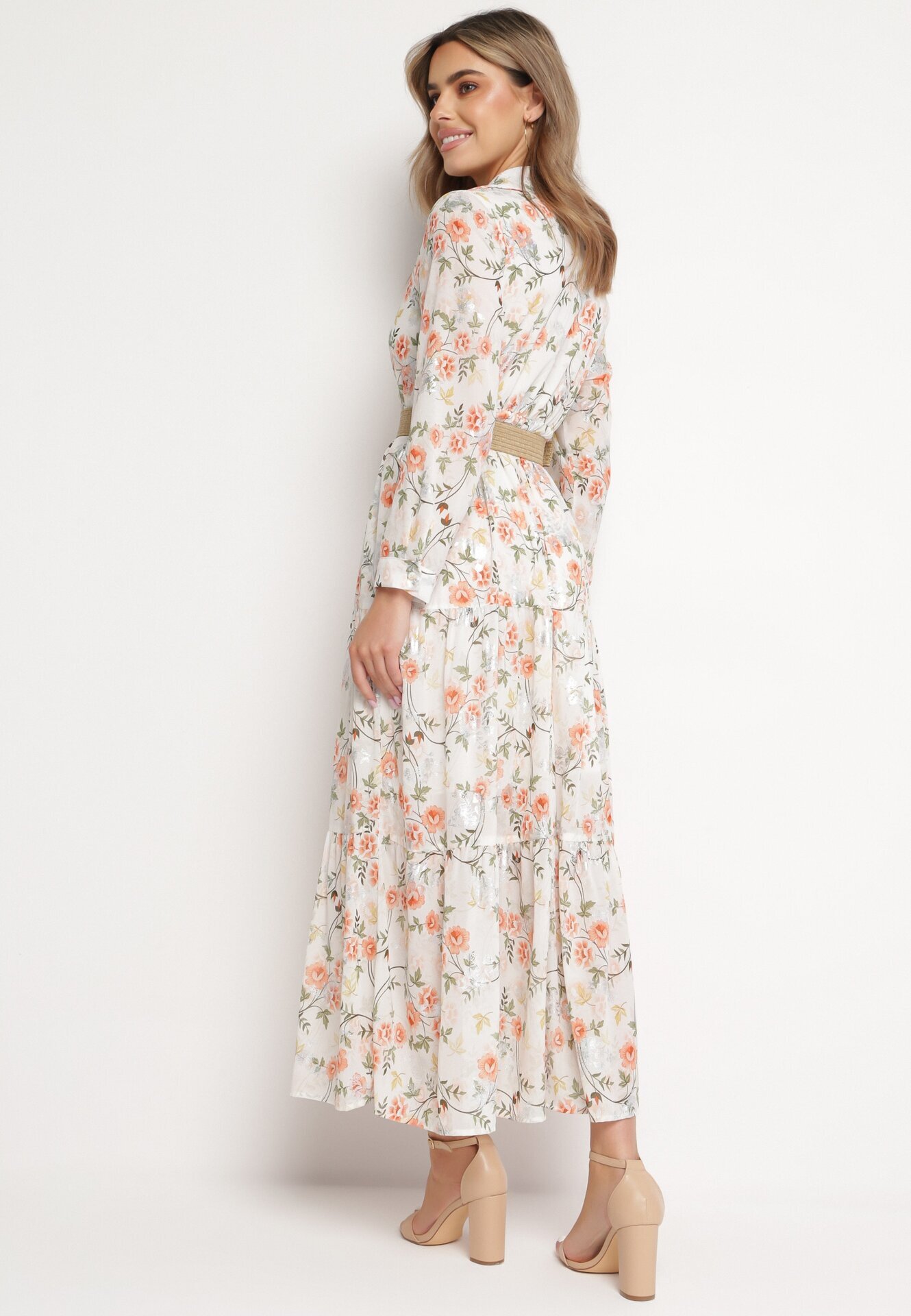 rosa Rochie Maxi Albă Cloș cu Guler și Curea Împletită Celline