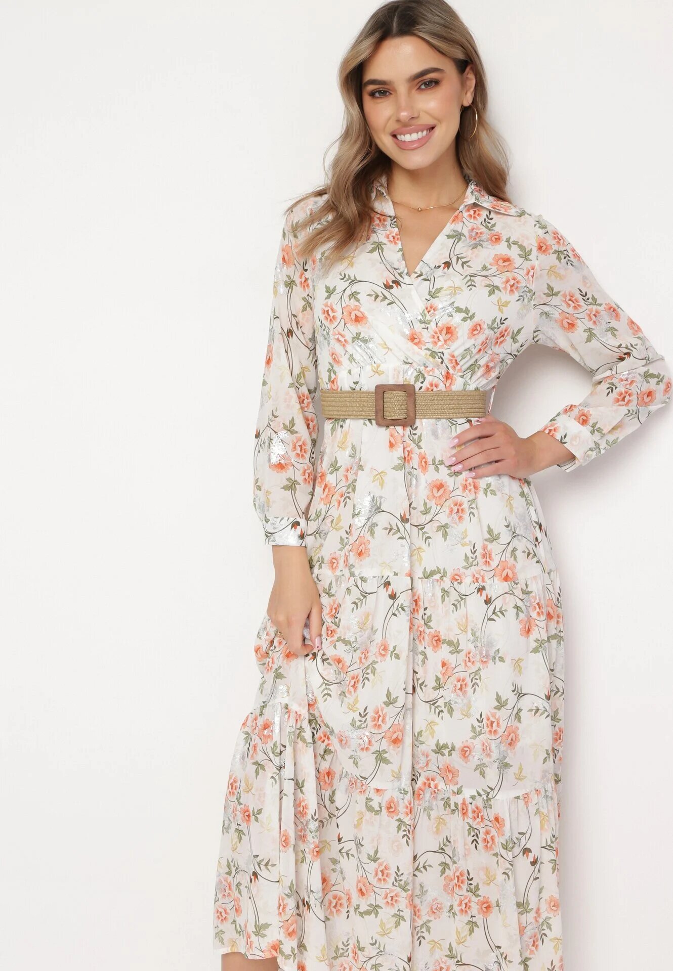 rosa Rochie Maxi Albă Cloș cu Guler și Curea Împletită Celline