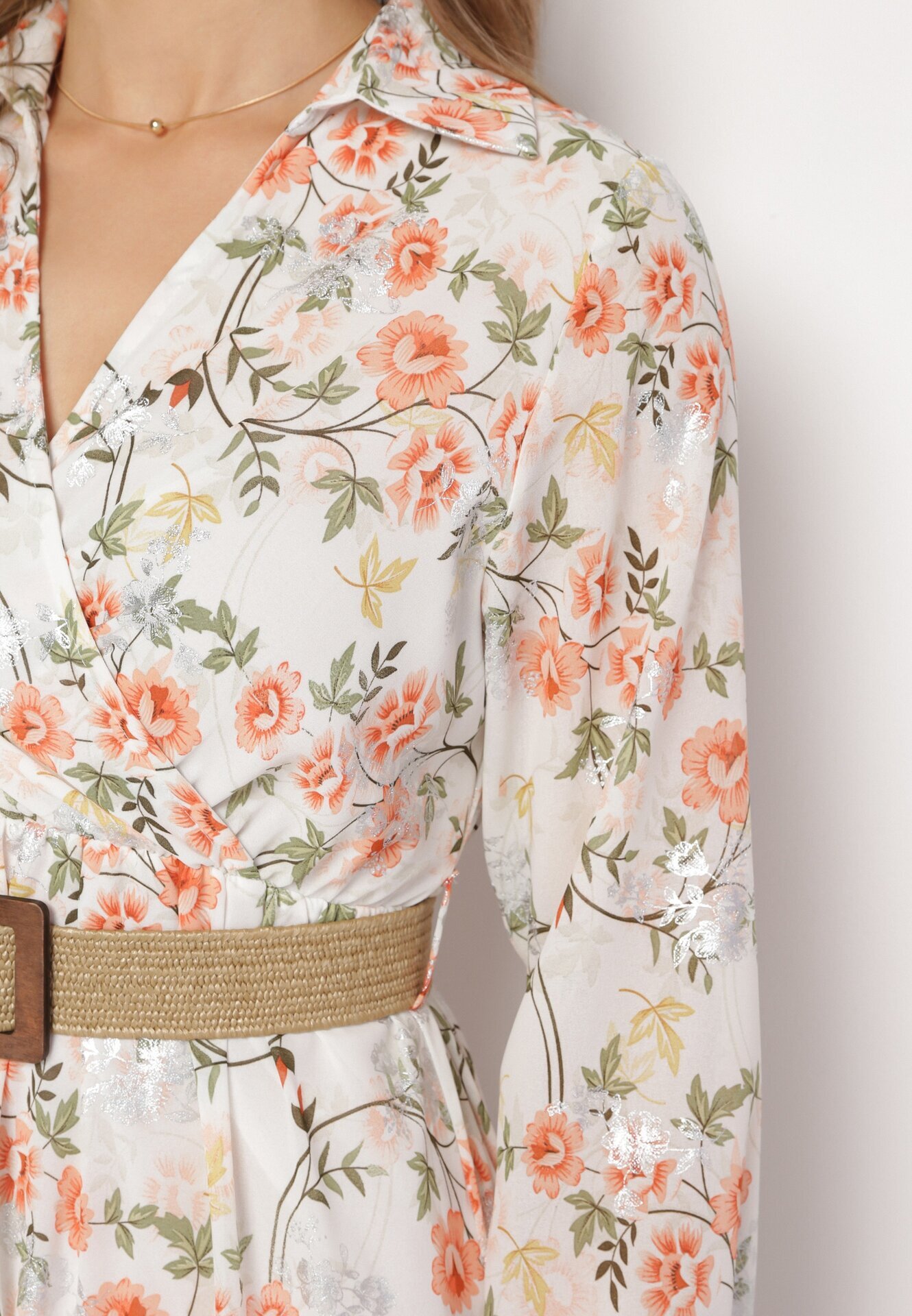 rosa Rochie Maxi Albă Cloș cu Guler și Curea Împletită Celline