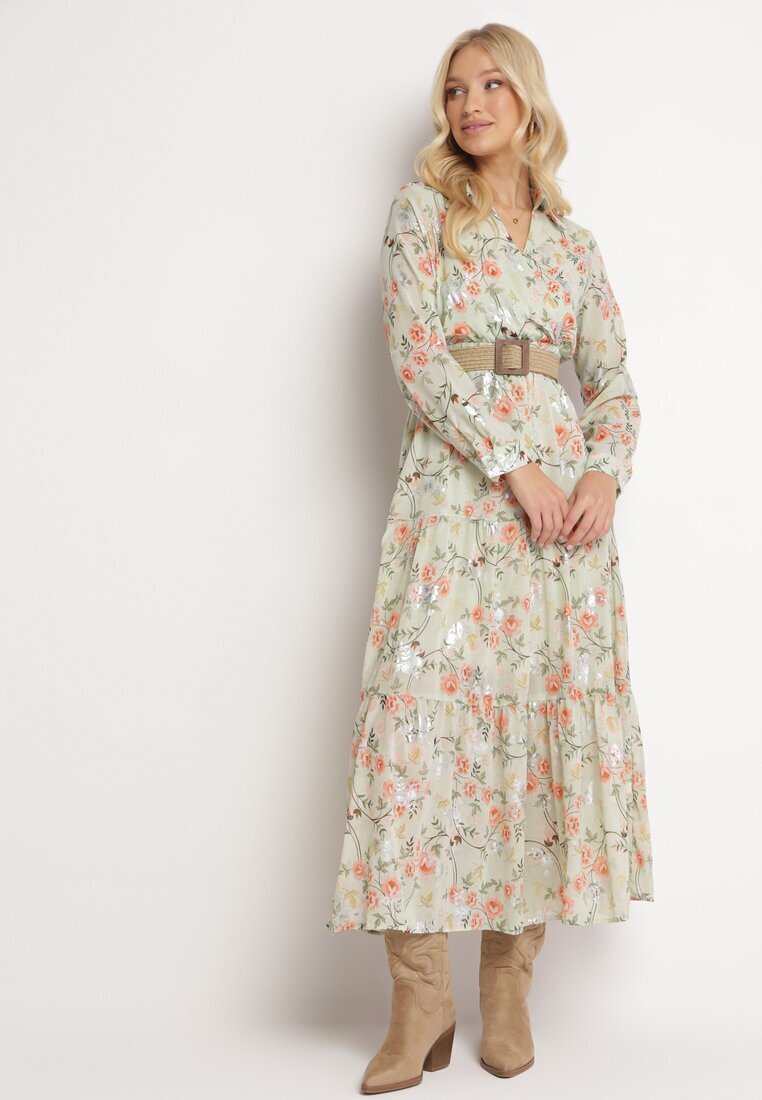 rosa Rochie Maxi Evazată Mentă cu Guler și Curea Împletită Celline