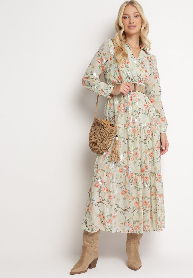 rosa Rochie Maxi Evazată Mentă cu Guler și Curea Împletită Celline