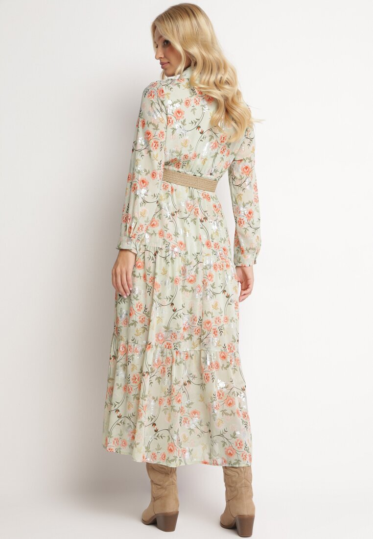 rosa Rochie Maxi Evazată Mentă cu Guler și Curea Împletită Celline