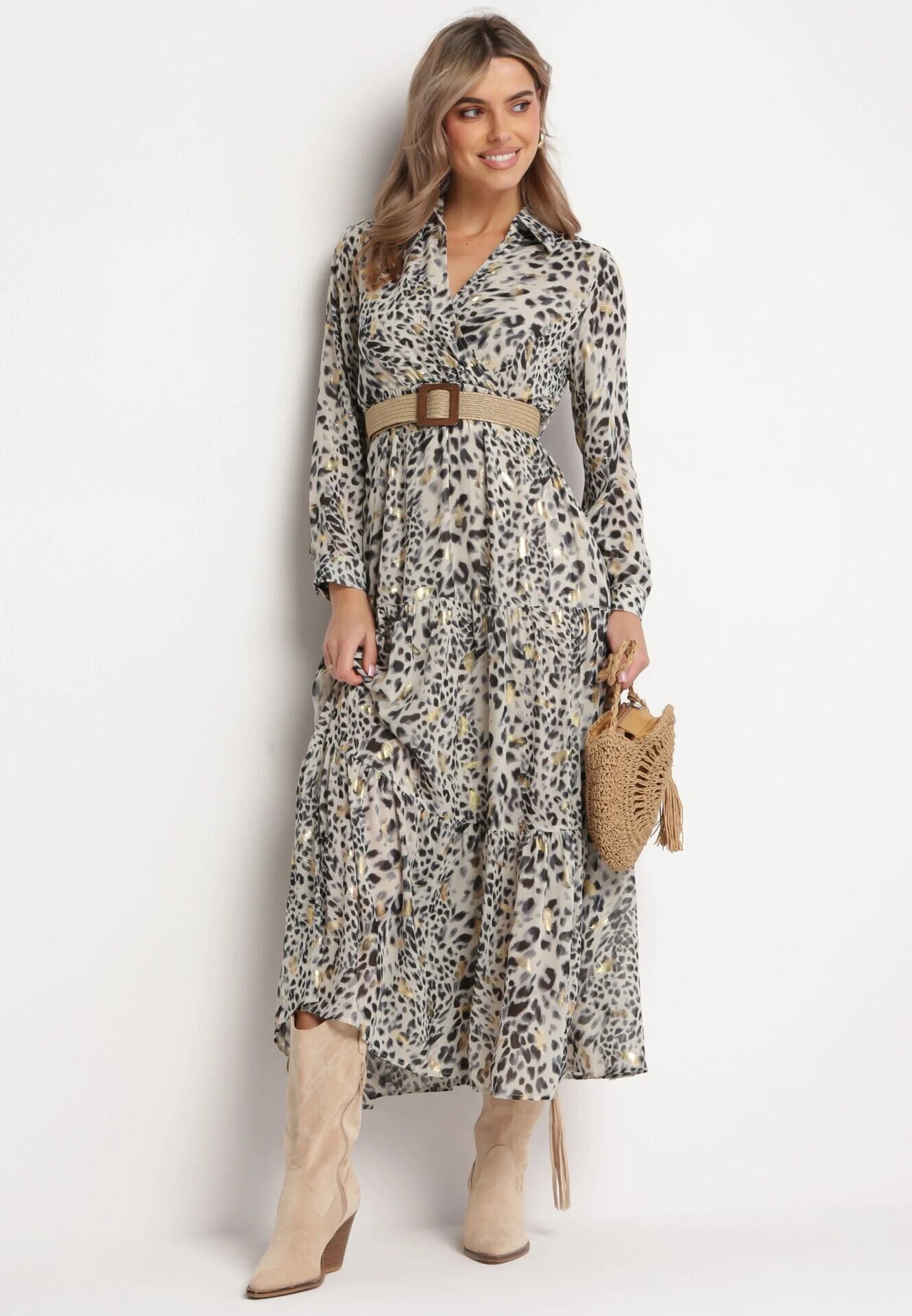 rosa Rochie Maxi Gri cu imprimeu leopard cu elastic în talie și curea împletită cu cataramă Anandra