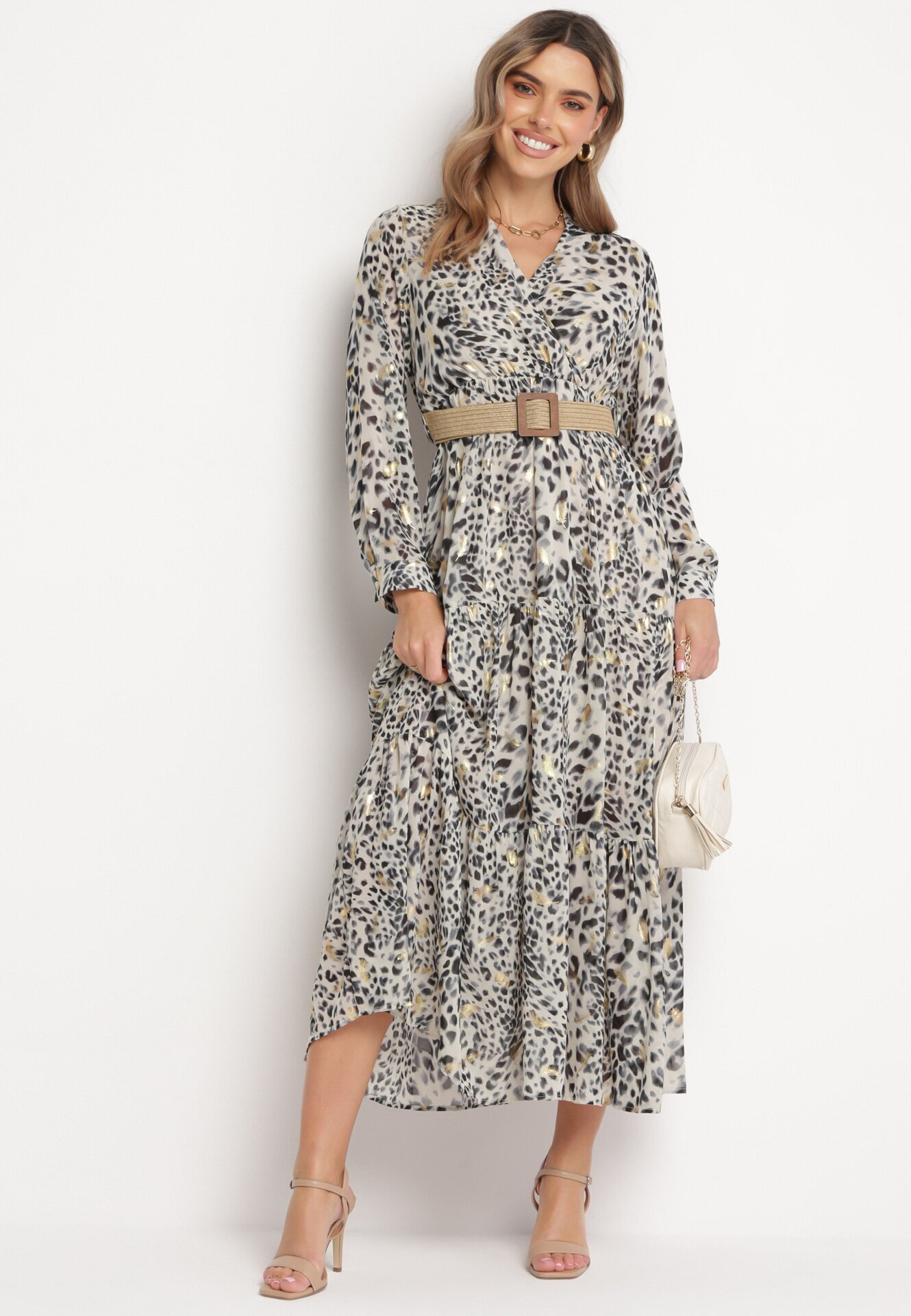 rosa Rochie Maxi Gri cu imprimeu leopard cu elastic în talie și curea împletită cu cataramă Anandra
