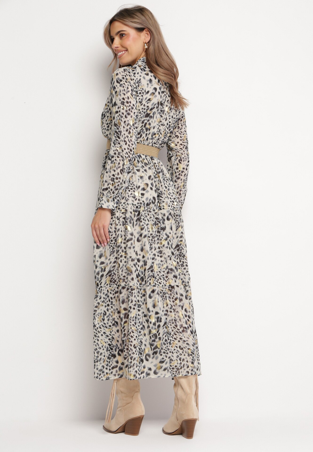 rosa Rochie Maxi Gri cu imprimeu leopard cu elastic în talie și curea împletită cu cataramă Anandra