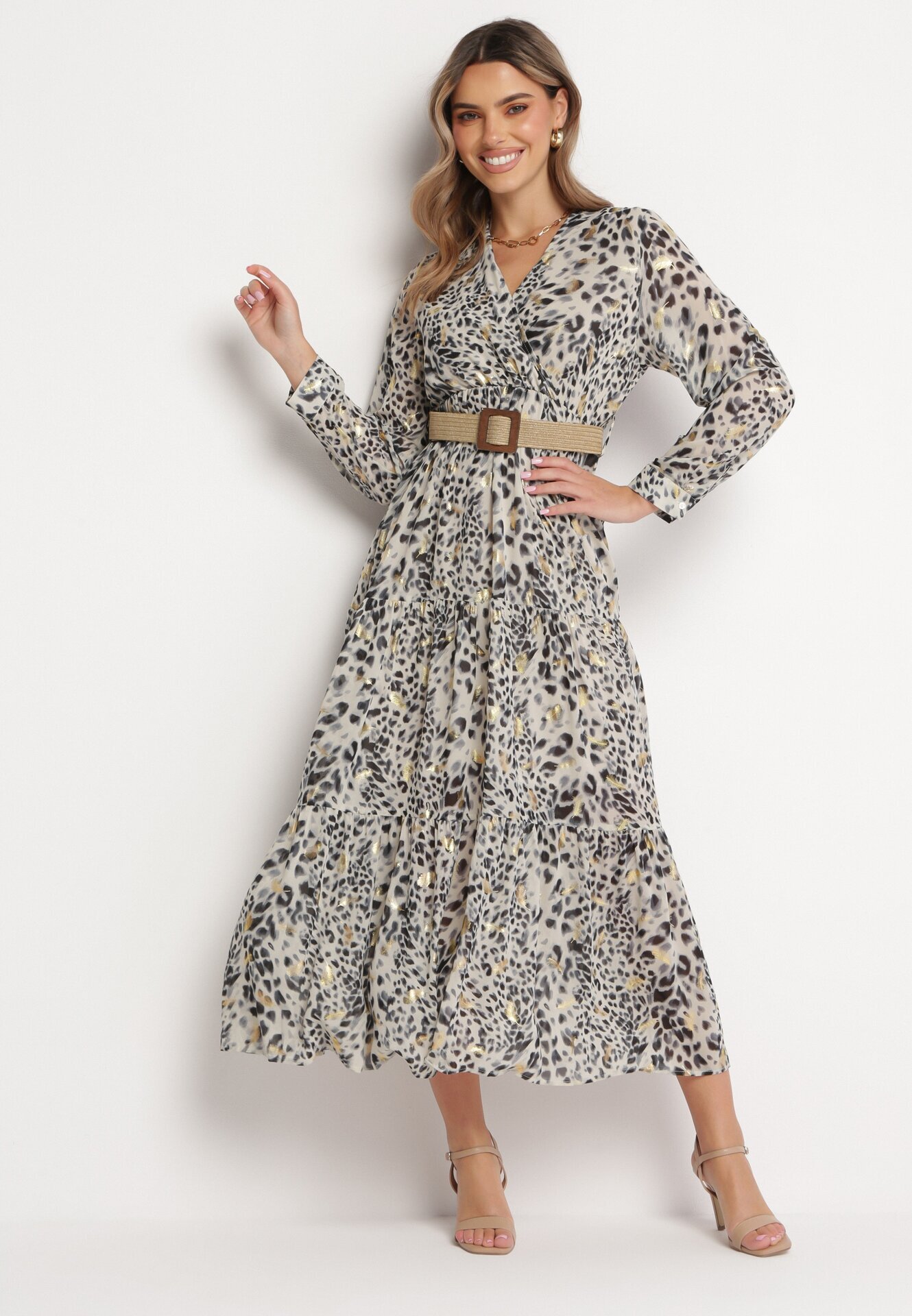 rosa Rochie Maxi Gri cu imprimeu leopard cu elastic în talie și curea împletită cu cataramă Anandra
