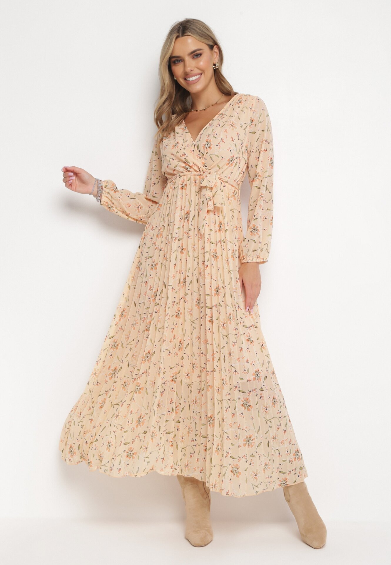 rosa Rochie Maxi Jasnopomarańczowa cu elastic în talie și tiv plisat Danora