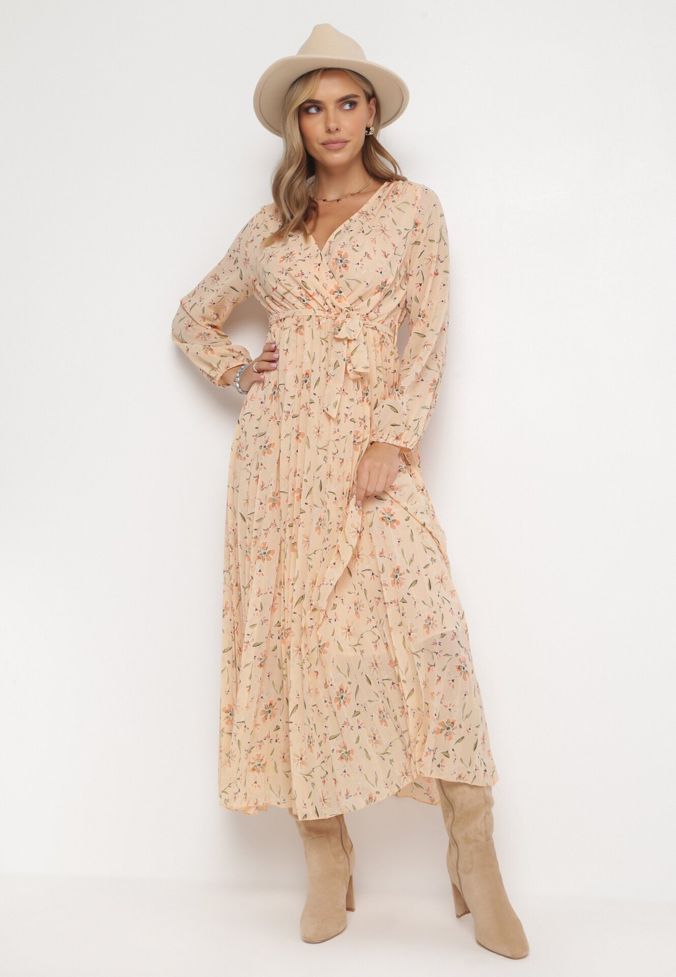 rosa Rochie Maxi Jasnopomarańczowa cu elastic în talie și tiv plisat Danora