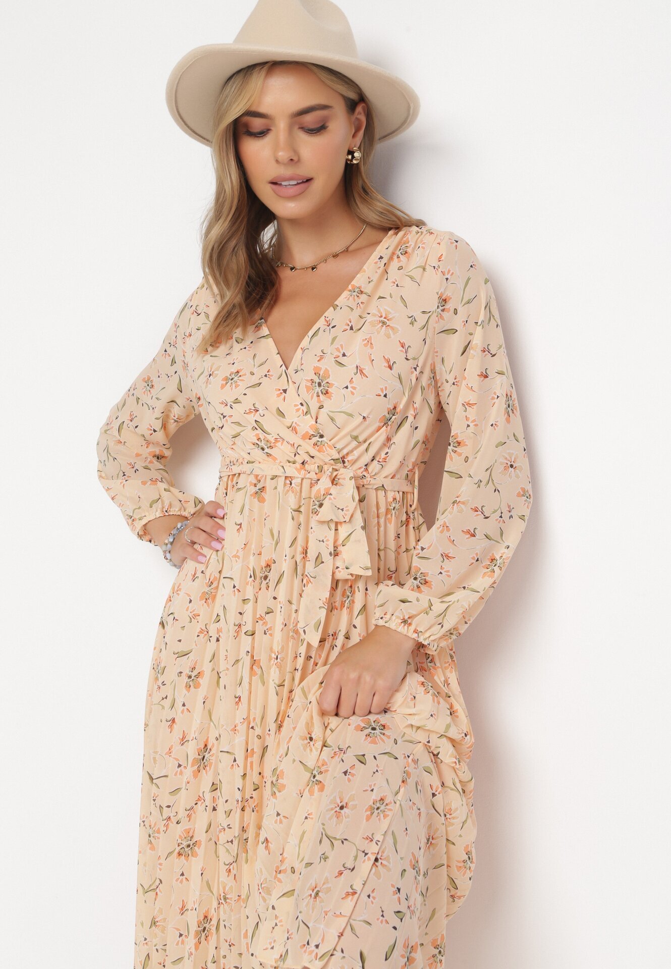 rosa Rochie Maxi Jasnopomarańczowa cu elastic în talie și tiv plisat Danora
