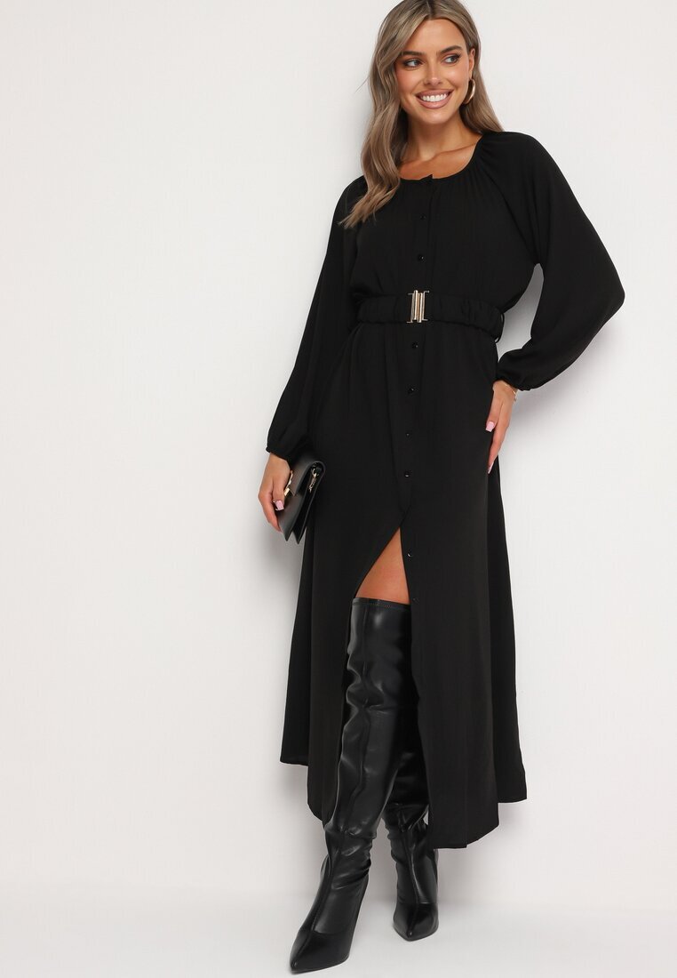 rosa Rochie Maxi Lejeră Neagră cu Nasturi și Curea cu Cataramă Decorativă Liriti