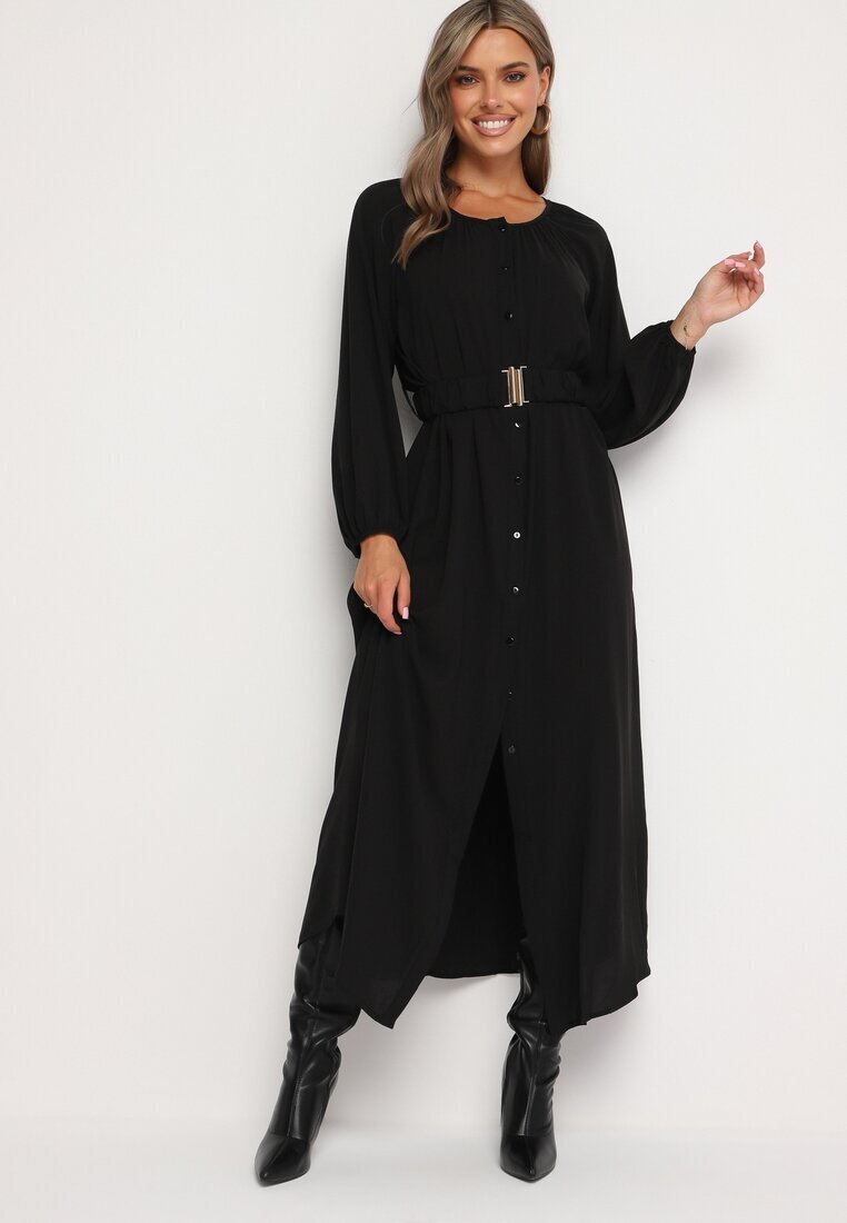 rosa Rochie Maxi Lejeră Neagră cu Nasturi și Curea cu Cataramă Decorativă Liriti