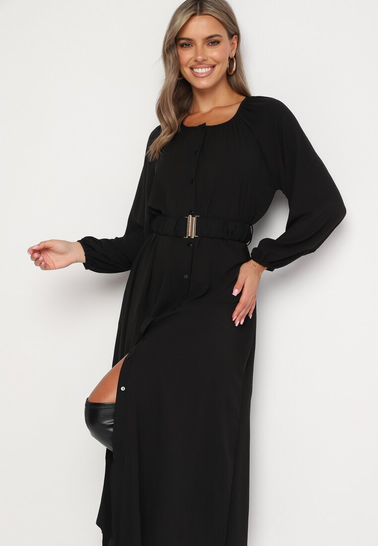 rosa Rochie Maxi Lejeră Neagră cu Nasturi și Curea cu Cataramă Decorativă Liriti
