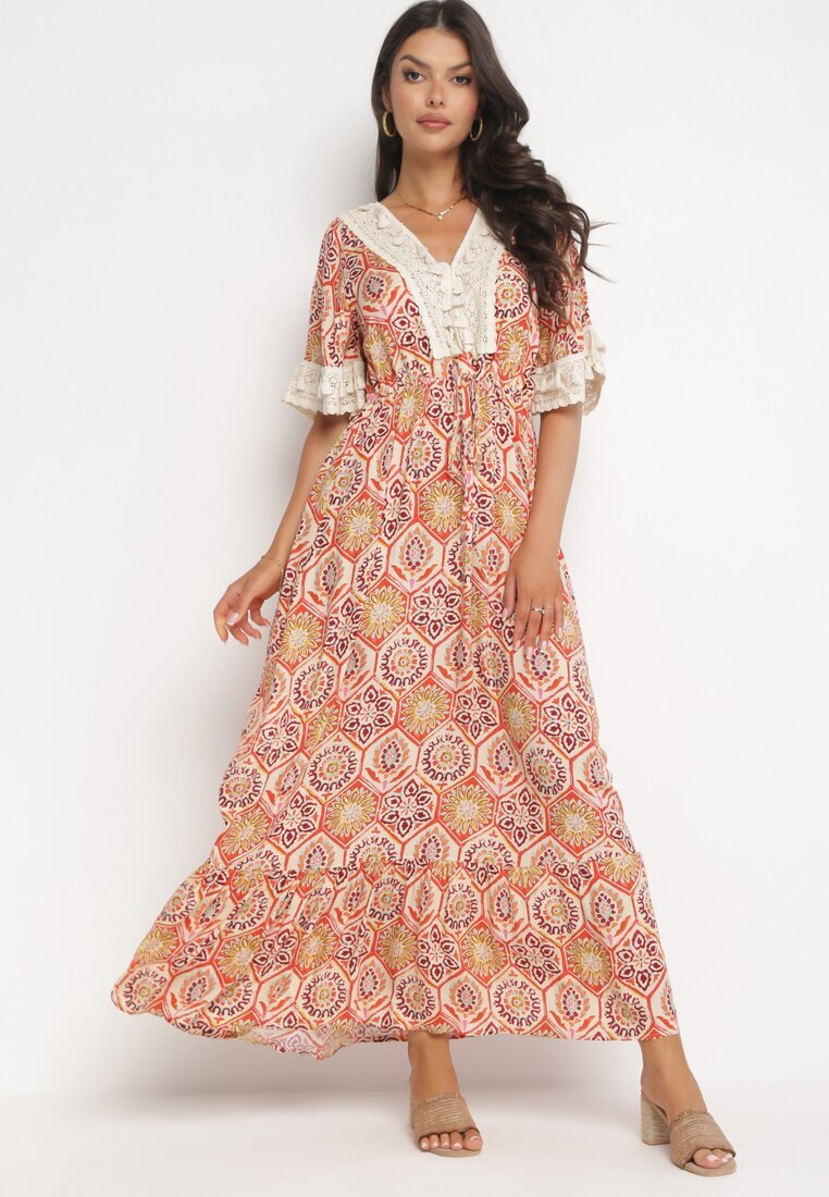 rosa Rochie Maxi Portocalie în stil Boho din viscoză decorată cu dantelă și volan Kamrius